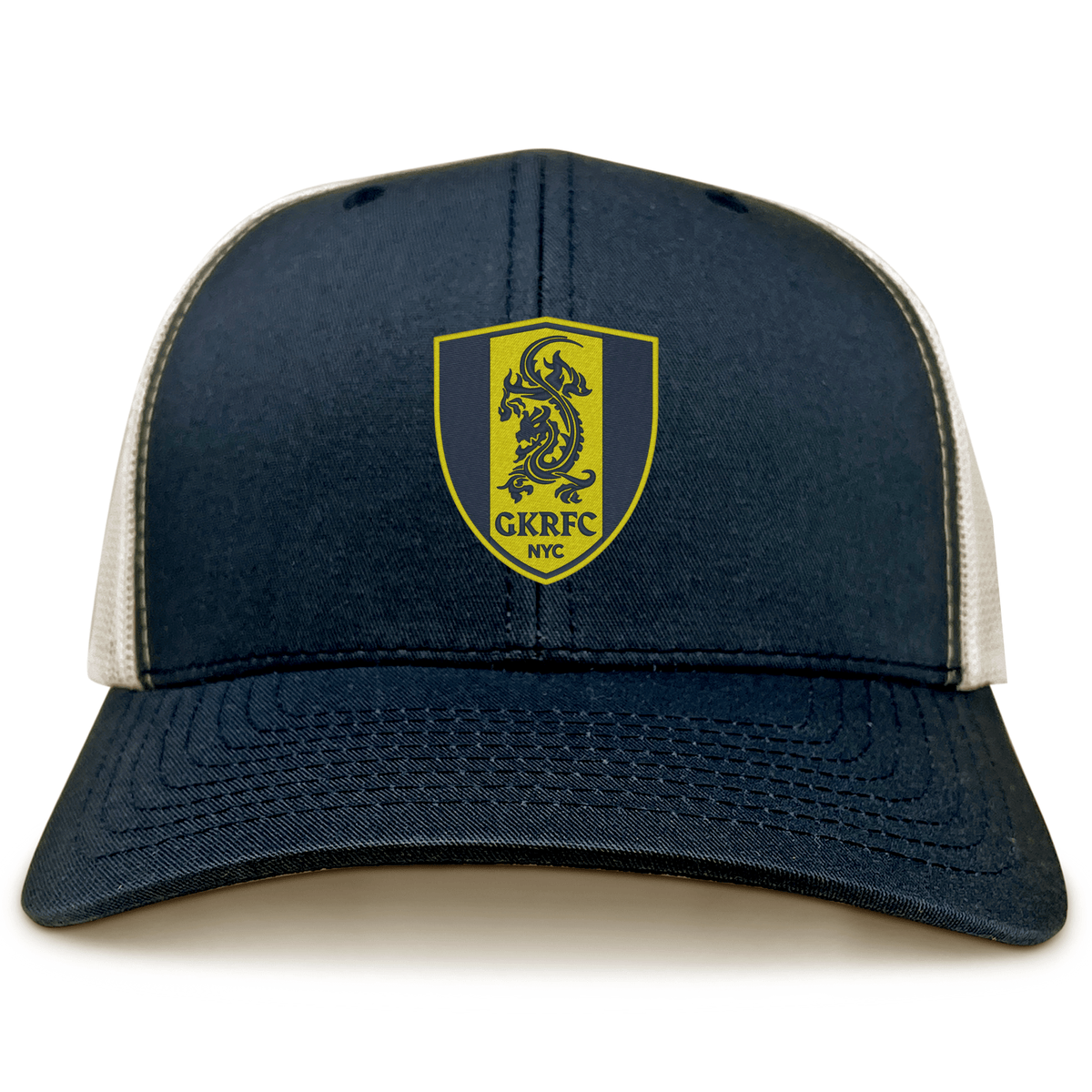 The Gotham Knights Retro Trucker Cap by EMB S&S Activewear is a navy and white hat with a yellow shield logo, embroidered dragon, "GKRFC NYC" text on the front, and a classic snapback closure.