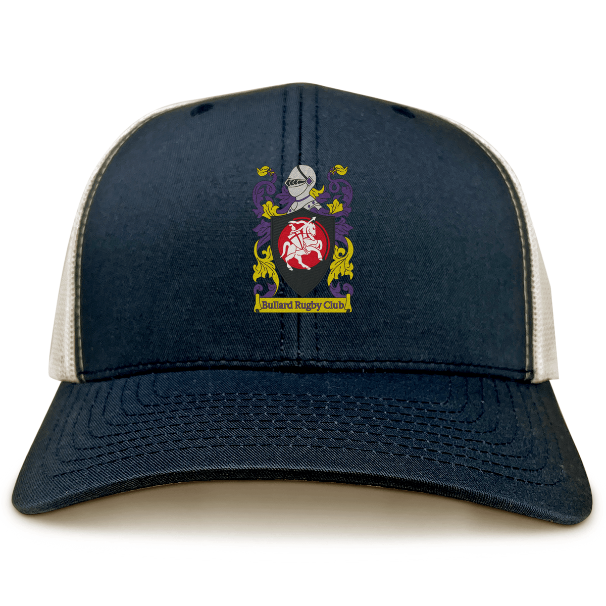 The CenCal Youth Bullard Retro Trucker Cap by EMB S&S Activewear features the Bullard Rugby Club crest on a navy and white design, made from polyester and cotton with an adjustable snapback for comfort.