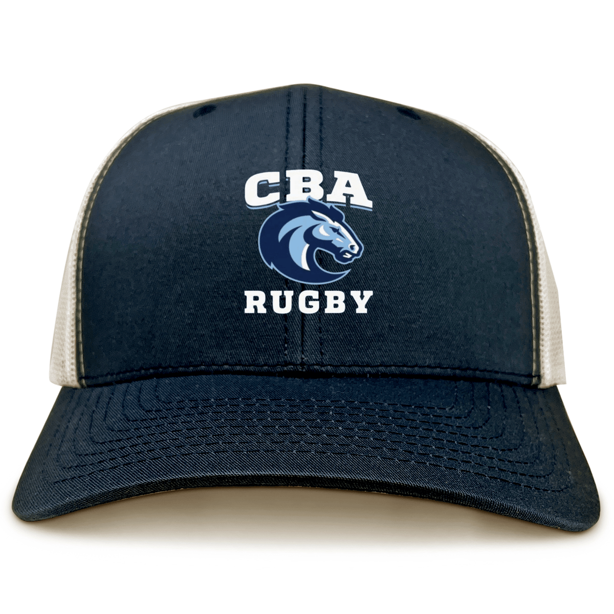 The Christian Brothers Academy Rugby Retro Trucker Cap by EMB S&S Activewear features "CBA Rugby" and a horse head logo on navy blue and white, with a mesh back, snapback closure, and a comfy polyester-cotton blend.
