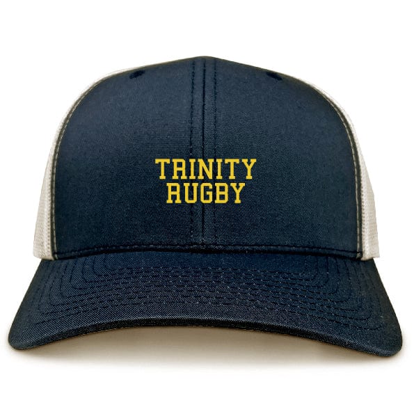 The Trinity College Retro Trucker Cap by EMB S&S Activewear features navy blue and white mesh, "TRINITY RUGBY" embroidered in yellow on the front, and a snapback closure.