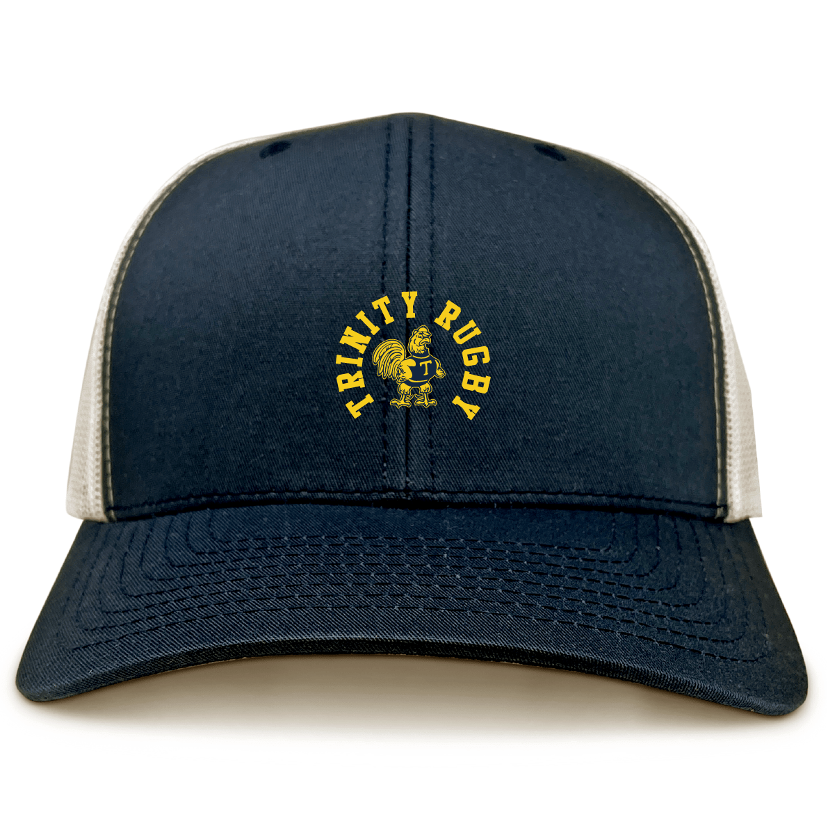 The Trinity College Retro Trucker Cap by EMB S&S Activewear features a navy and white design, "Trinity Rugby" text and yellow rooster embroidery on the front, plus an adjustable snapback closure.