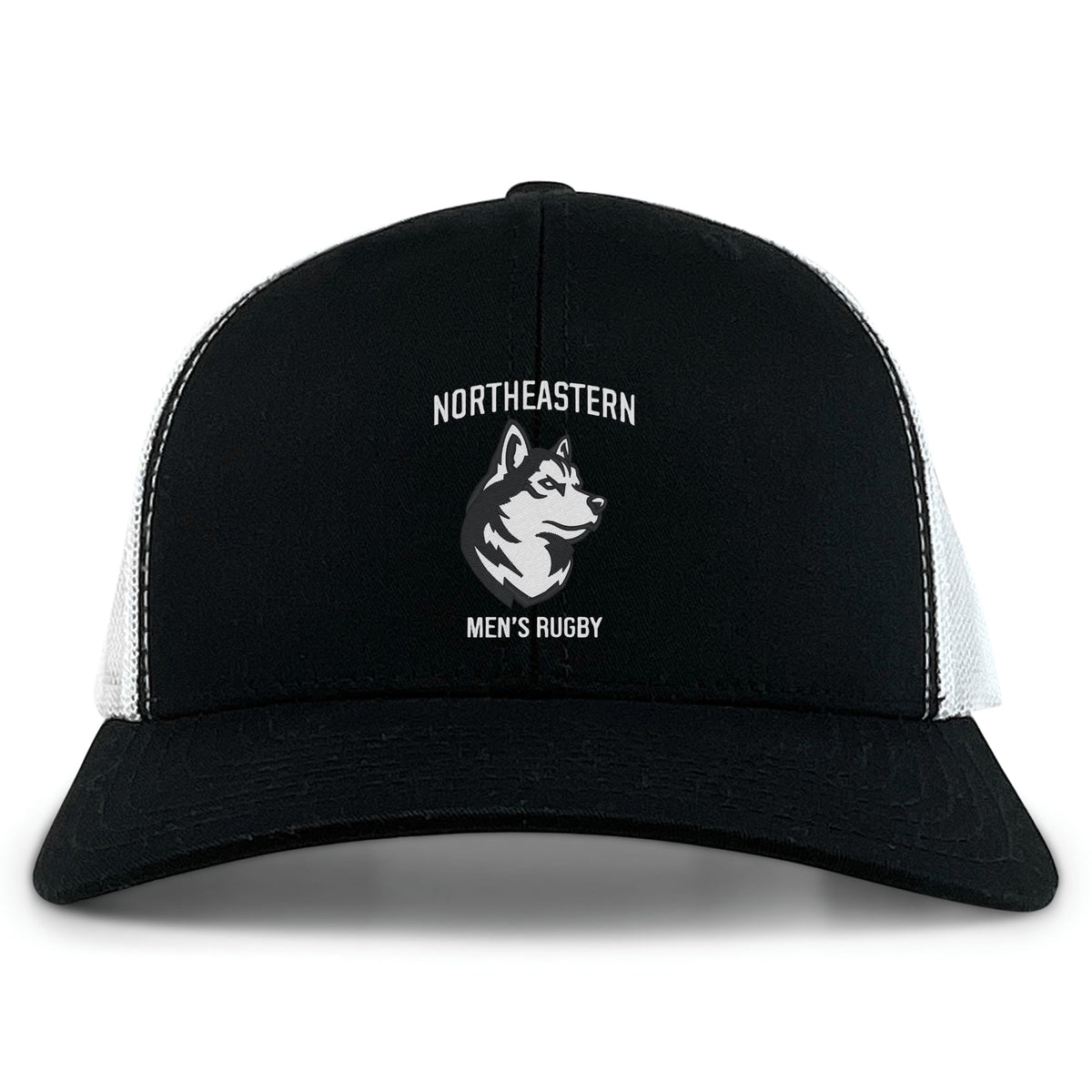 The Northeastern University Men's Rugby Retro Trucker Cap by EMB S&S Activewear is a black and white cap with an embroidered husky logo, "Northeastern Men's Rugby" text on the front, and a snapback closure for an adjustable fit.
