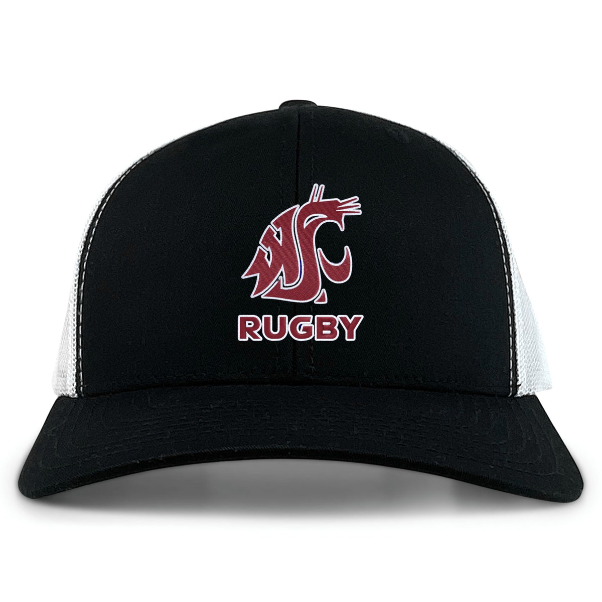 The Washington State University Retro Trucker Cap by EMB S&S Activewear features a black and white design, red embroidered cougar logo, “RUGBY” on the front, and a classic snapback closure.