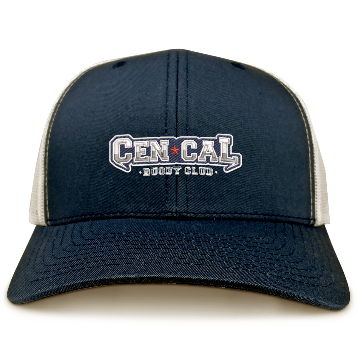 The CenCal Rugby Retro Trucker Cap by EMB S&S Activewear is a navy and white hat with "Cen Cal Rugby Club" embroidered on the front and features a classic adjustable snapback closure.