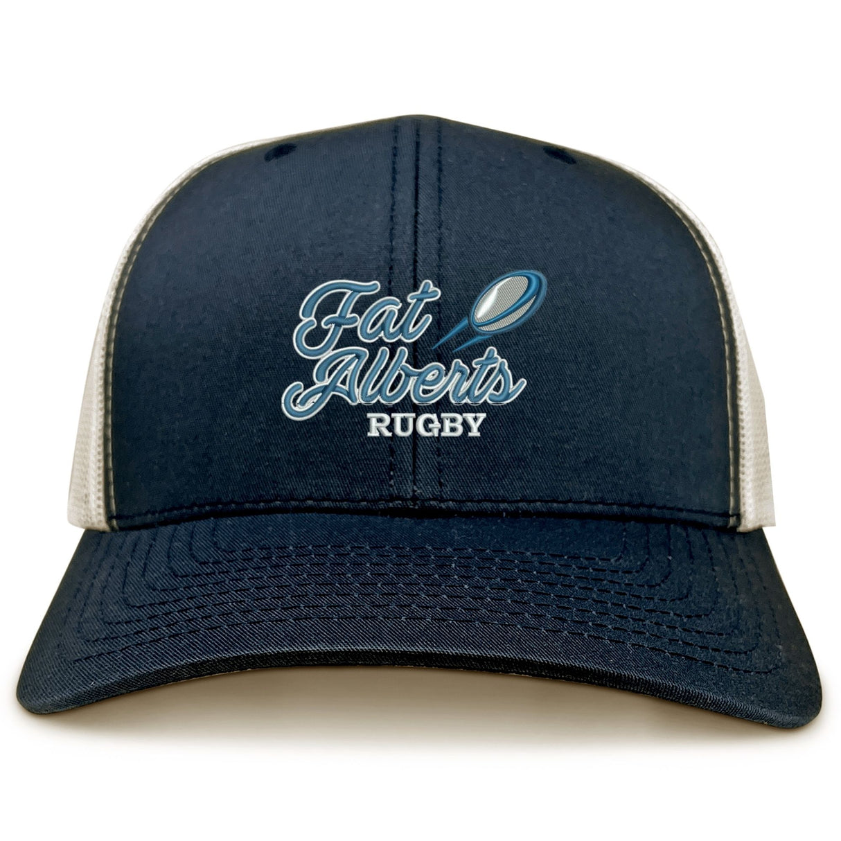 The Gulf Coast Fat Alberts Retro Trucker Cap by EMB S&S Activewear features a navy blue and white design, front embroidered "Fat Albert's Rugby" with rugby ball graphic, and a comfy snapback closure.
