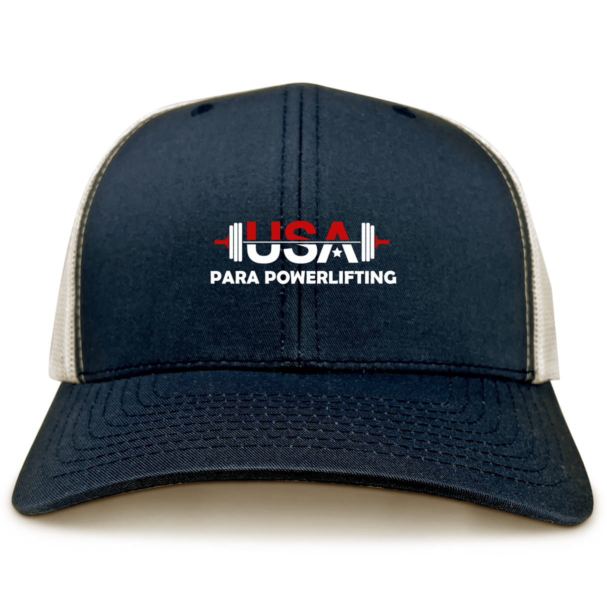 The USA Para Powerlifting Retro Trucker Cap by EMB S&S Activewear features navy and beige panels, an embroidered "USA Para Powerlifting" with a barbell on the front, and a classic snapback closure.