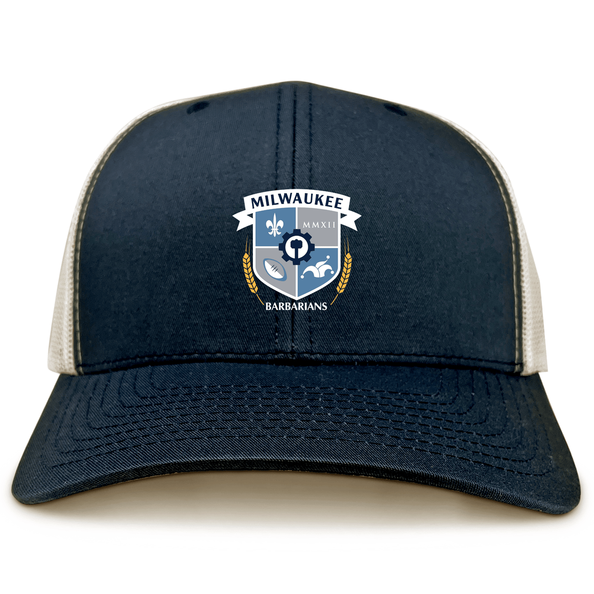 The Milwaukee Barbarians Rugby Retro Trucker Cap by EMB S&S Activewear features the club crest embroidered on a navy blue and white cap, finished with a classic snapback closure for adjustable fit.