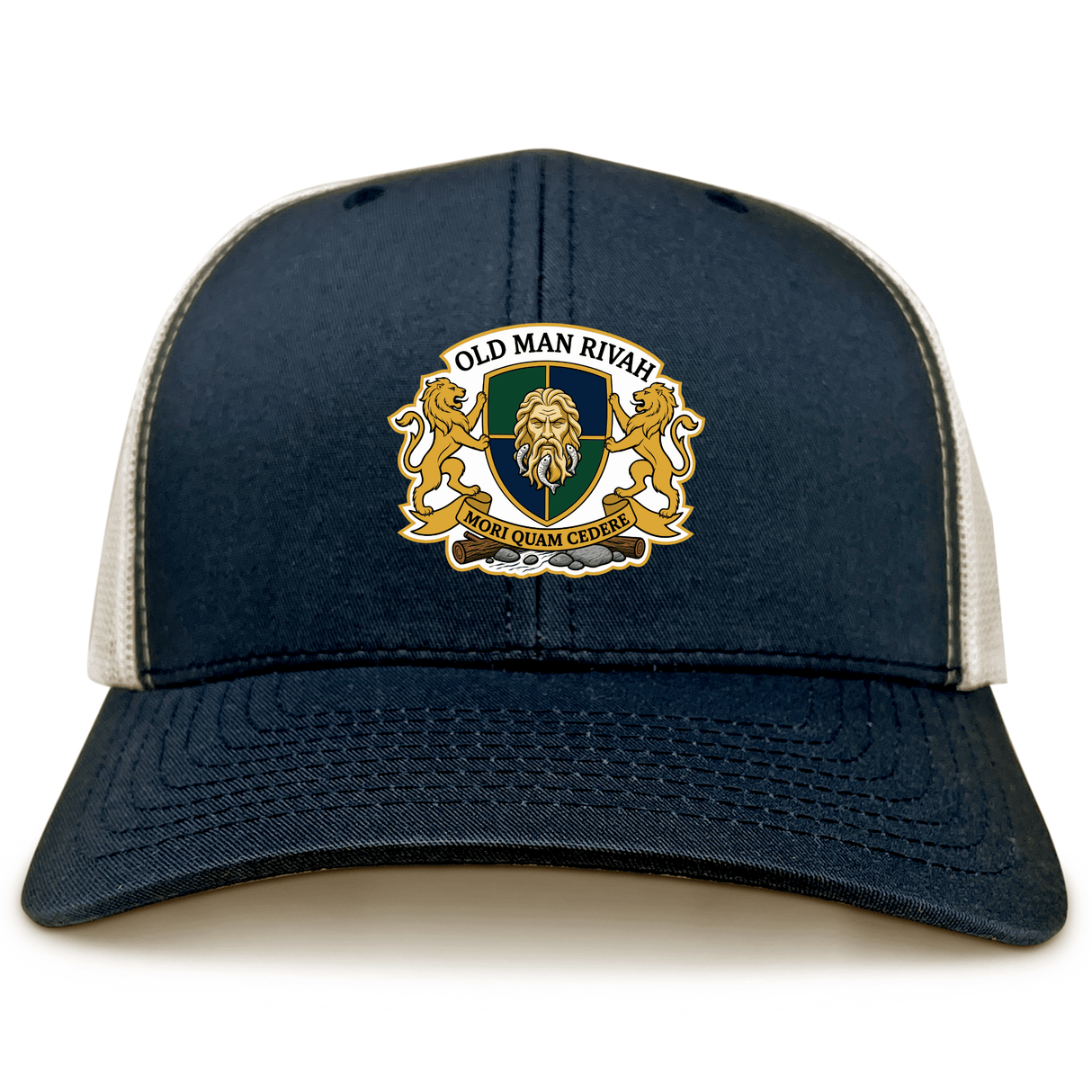The Old Man Rivah Rugby Retro Trucker Cap by EMB S&S Activewear is a navy and white cap featuring an embroidered lion crest, "OLD MAN RIVAH" and "MOR QUAM CEDERE" on the front, with an adjustable snapback closure.