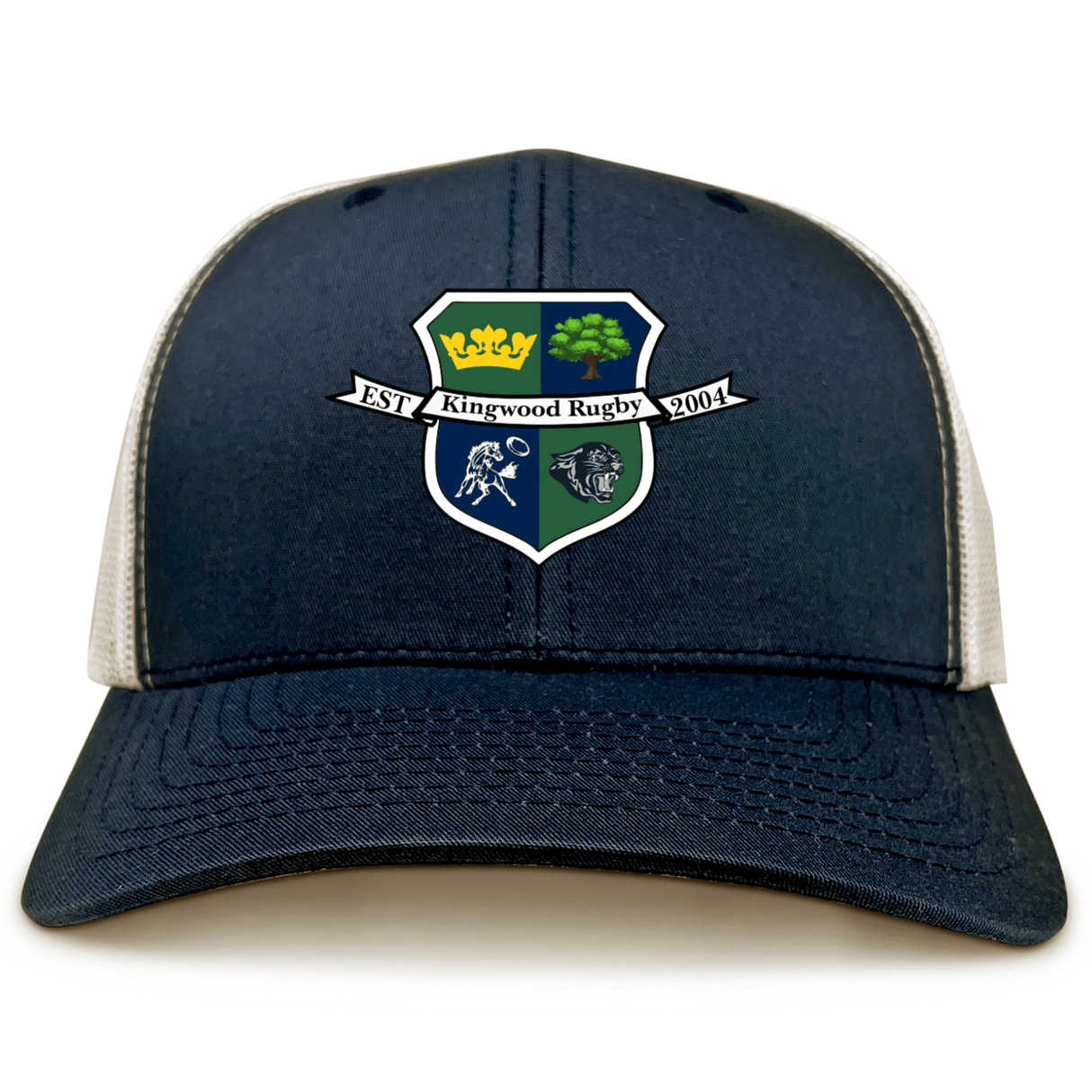 The Kingwood Rugby Retro Trucker Cap by EMB S&S Activewear features navy and white mesh, an embroidered crest with a gold crown, green tree, rugby player, wolf, "EST Kingwood Rugby 2004" text, and an adjustable snapback closure.