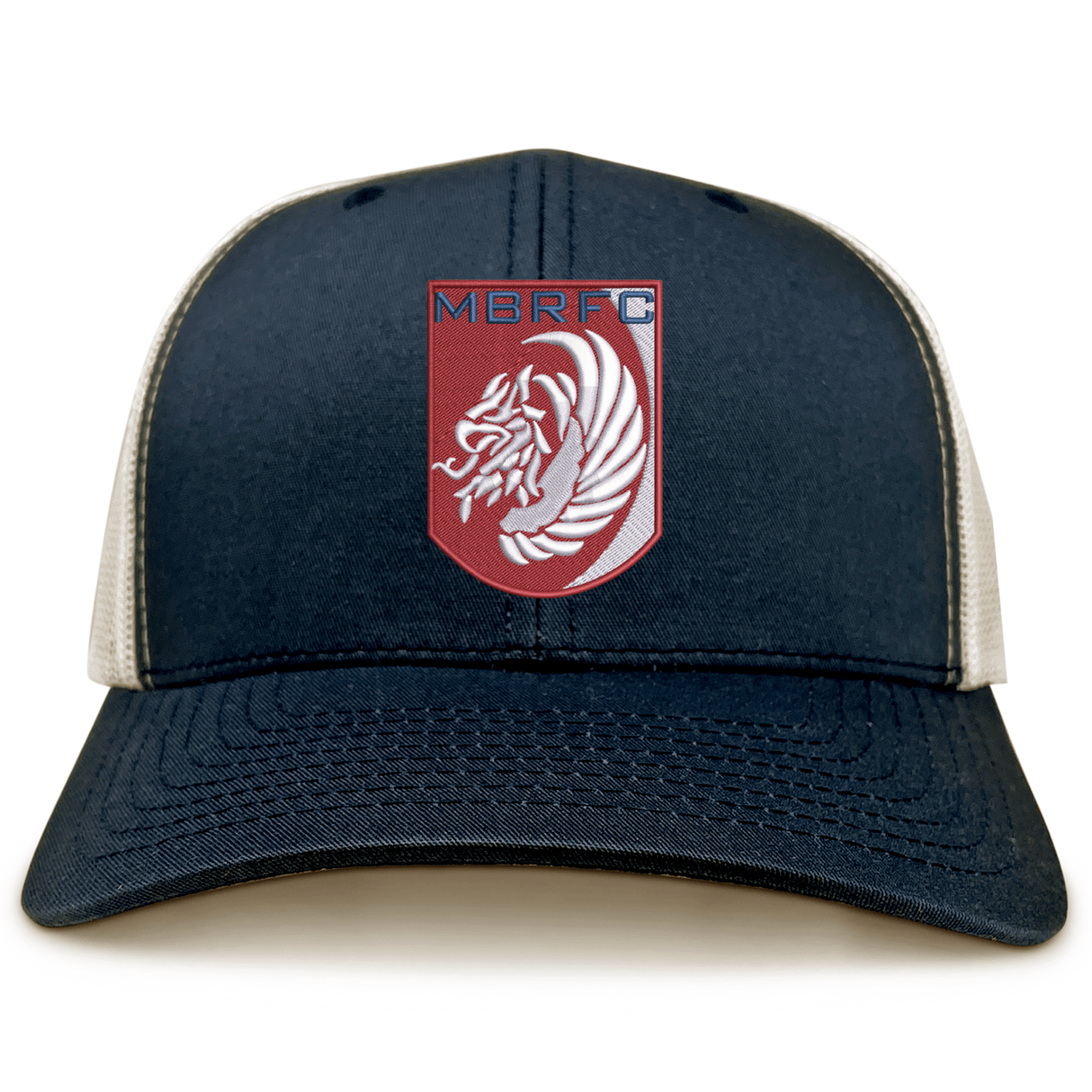 The Montgomery Bucks Griffins Retro Trucker Cap by EMB S&S Activewear is a navy and white trucker featuring an embroidered red and blue "MBRFC" shield with a white lion head and classic snapback closure.