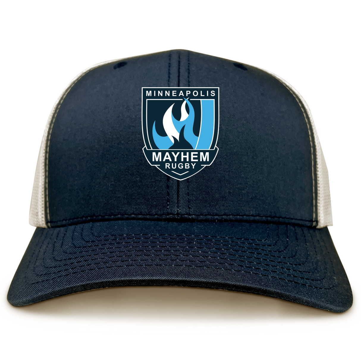 The Minneapolis Mayhem Rugby Retro Trucker Cap by EMB S&S Activewear features a navy and white design with the team’s embroidered logo, including a blue shield, flame graphic, and text. It is finished with a classic snapback closure for a comfortable fit.