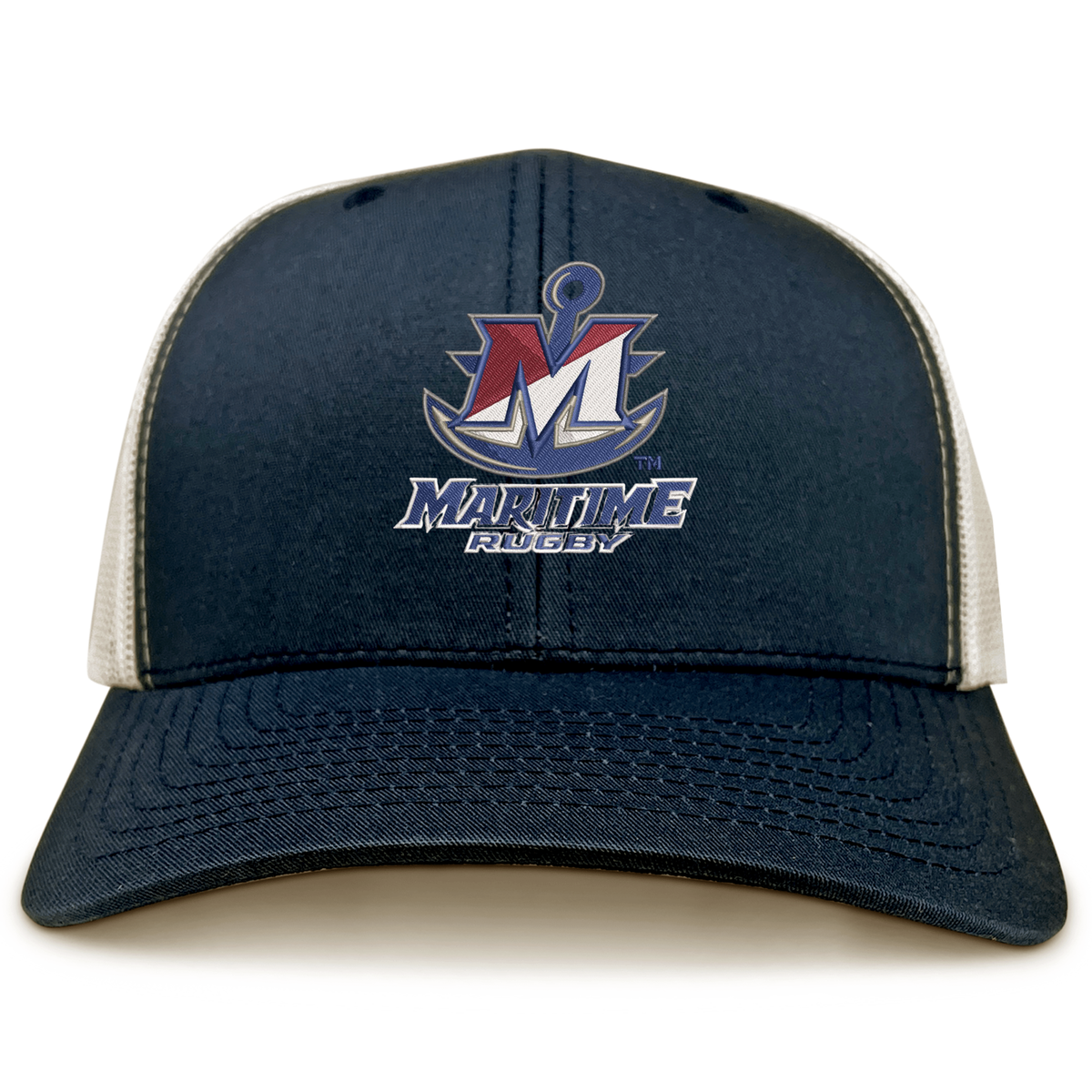 SUNY Maritime Men’s Rugby Retro Trucker Cap in navy blue with a white mesh back, snapback closure, and an embroidered Maritime Rugby logo of a stylized M and anchor on the front.