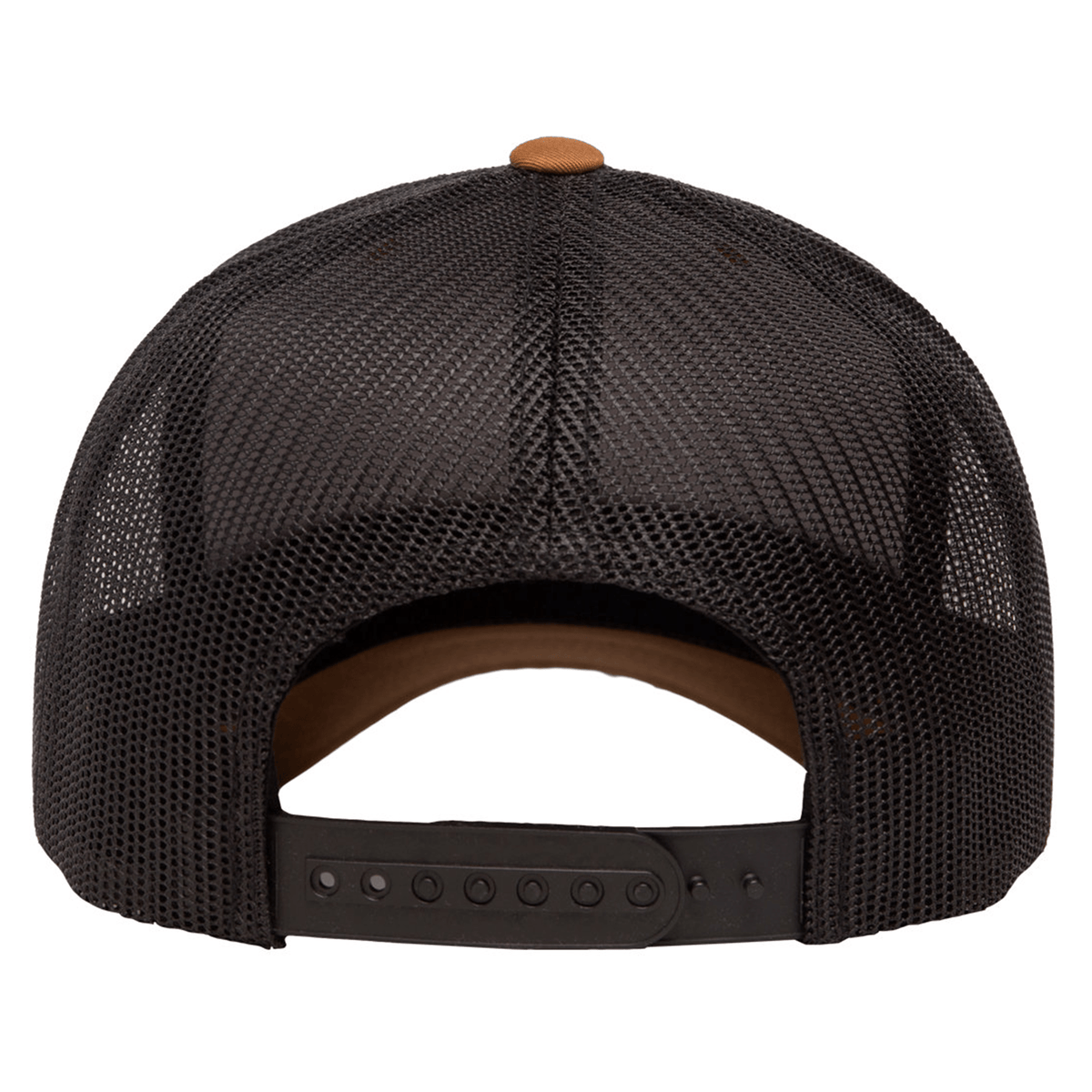 Back view of the S&S Activewear Retro Trucker Cap with black mesh, adjustable snapback closure, and a brown top button.