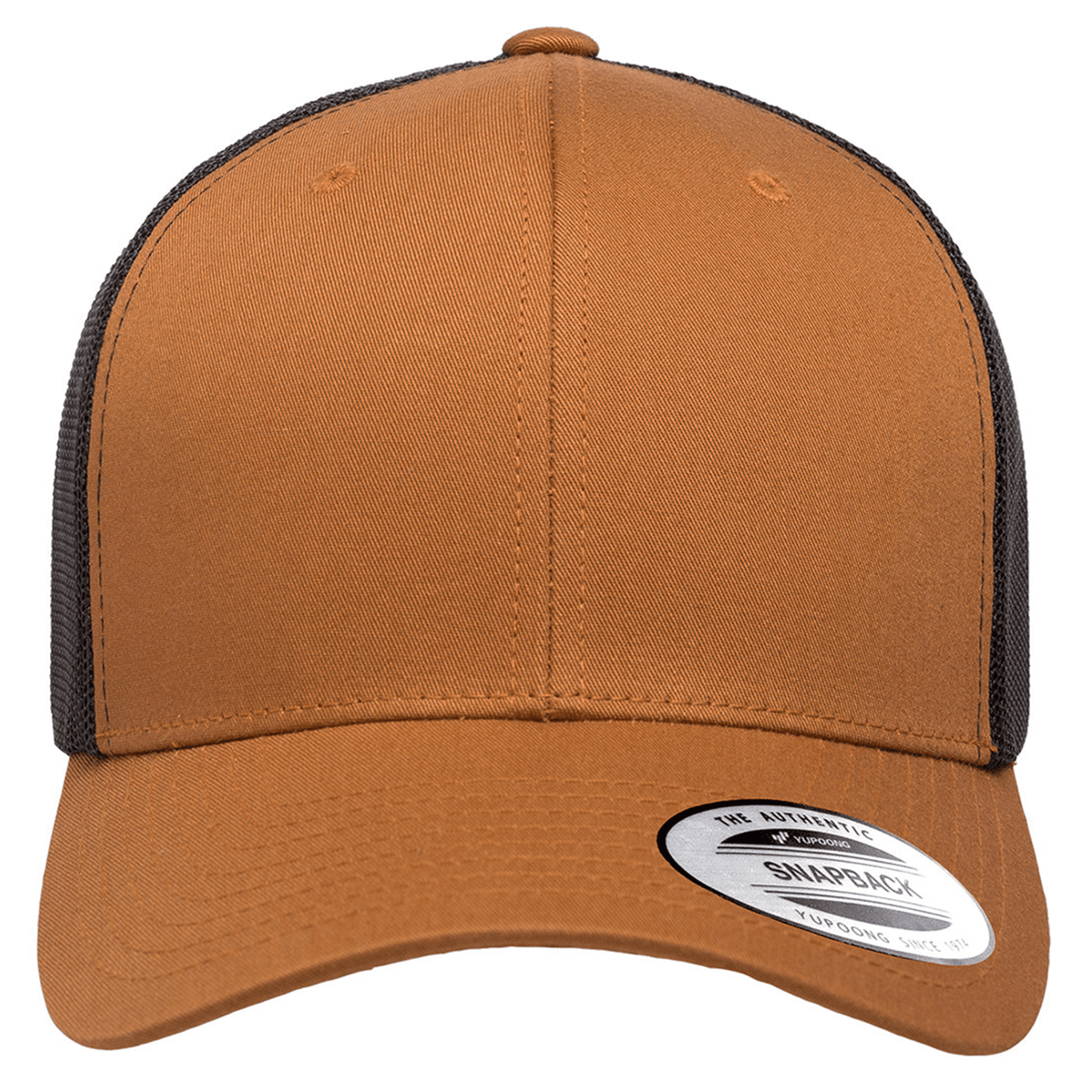 The S&S Activewear Retro Trucker Cap is displayed from the front, featuring a brown and black design, mesh back, snapback closure, and a "Yupoong Snapback" sticker on the brim.