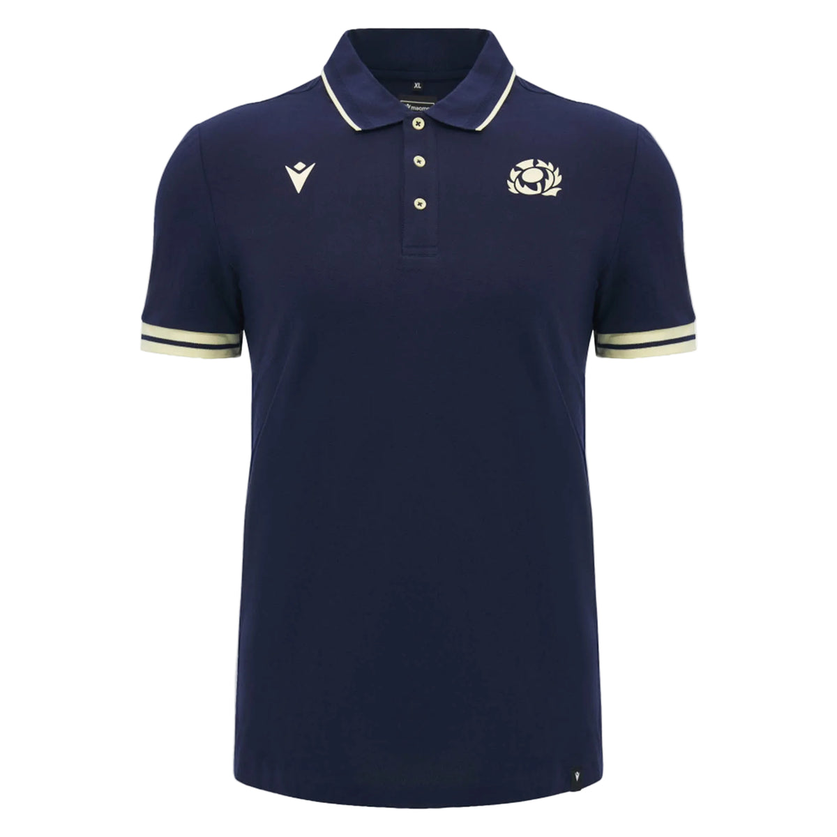Show your support in style with the Scotland SRU 26/27 Travel Polo by Macron—a navy blue short-sleeve polo featuring a collar, white trim on the sleeves, and two embroidered logos on the chest. The perfect choice for authentic Scotland Rugby fans.