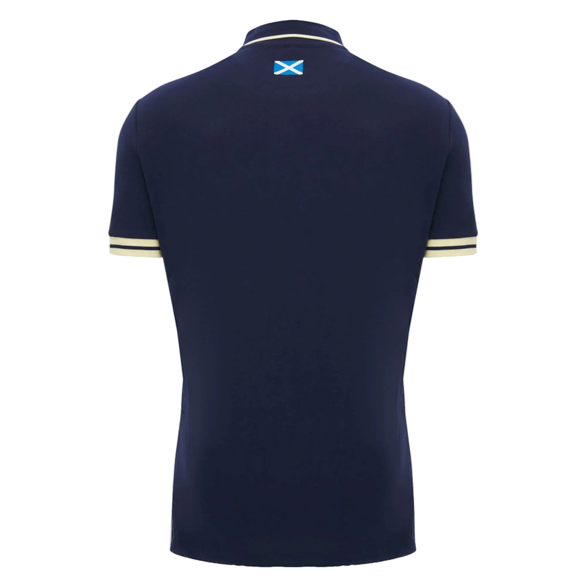 The Scotland SRU 26/27 Travel Polo by Macron is shown from the back, displaying a small Scottish flag below the collar and subtle light stripes on the sleeve edges.