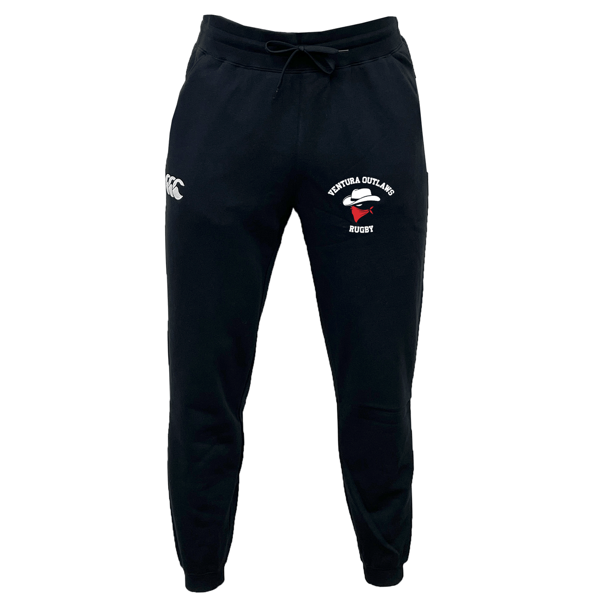 The Ventura Outlaws Rugby Leisure Sweatpant by Canterbury is a pair of black sweatpants made from recycled polyester, featuring a drawstring waist, with the "Victoria Outlaws Rugby" logo and a CCC logo. This item is branded as EMB Canterbury.
