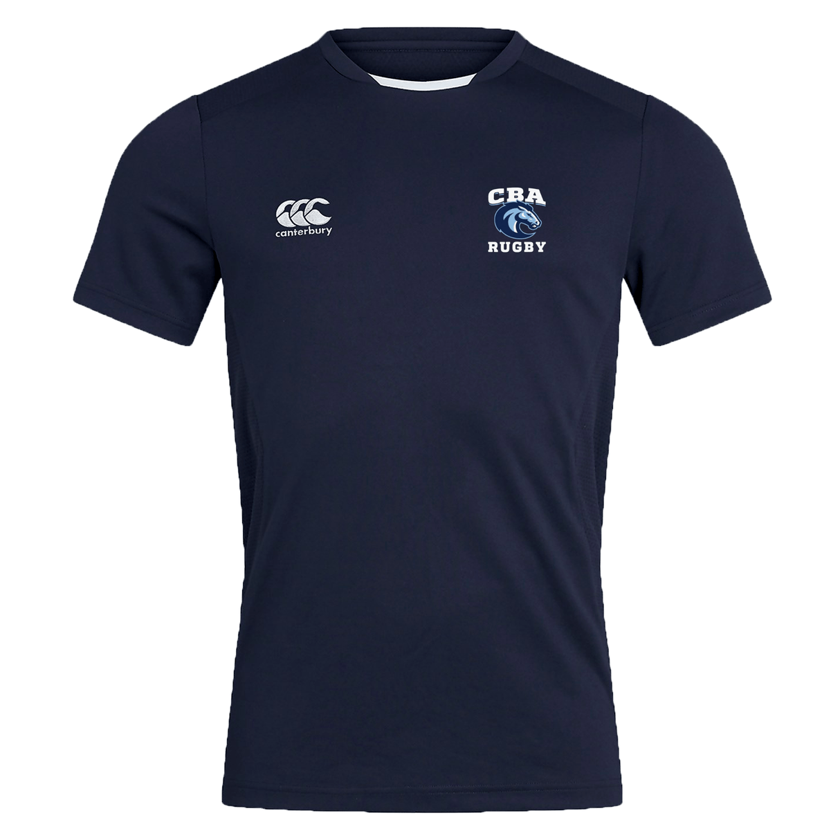 Navy rugby shirt named Christian Brothers Academy Rugby Club Dry Tee by Canterbury, showcasing the "CBA Rugby" logo on the right chest and "Canterbury" on the left, equipped with Vapodri Technology for breathability. Brand: EMB Canterbury.