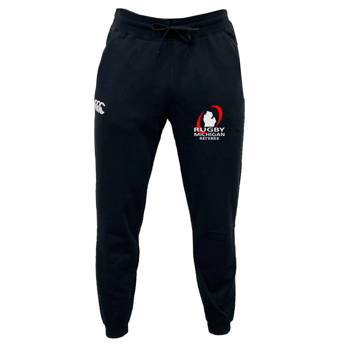 The Rugby Michigan Referee Society Leisure Sweatpant by EMB Canterbury showcases a comfortable fit, highlighted by a white "CCC" logo on the left and a red "Rugby Michigan" logo on the right, all made from sustainable fabric for an eco-friendly appeal.