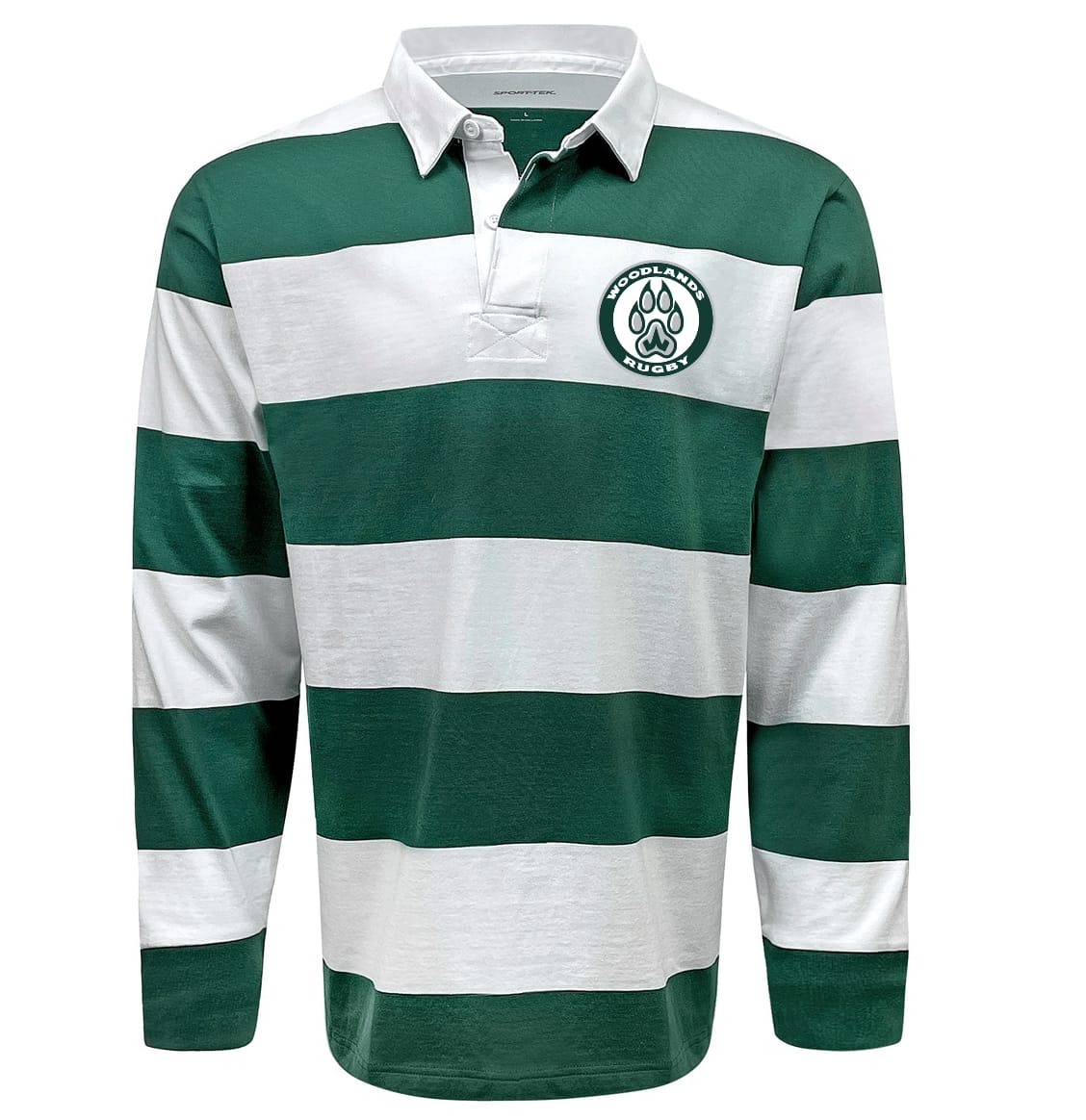 Show off a classic style in the Woodlands Youth Paw Print Hooped Classic Jersey - Green by EMB Sanmar, featuring green and white stripes, a collar, and the signature Woodland Rugby paw print logo on the left chest.