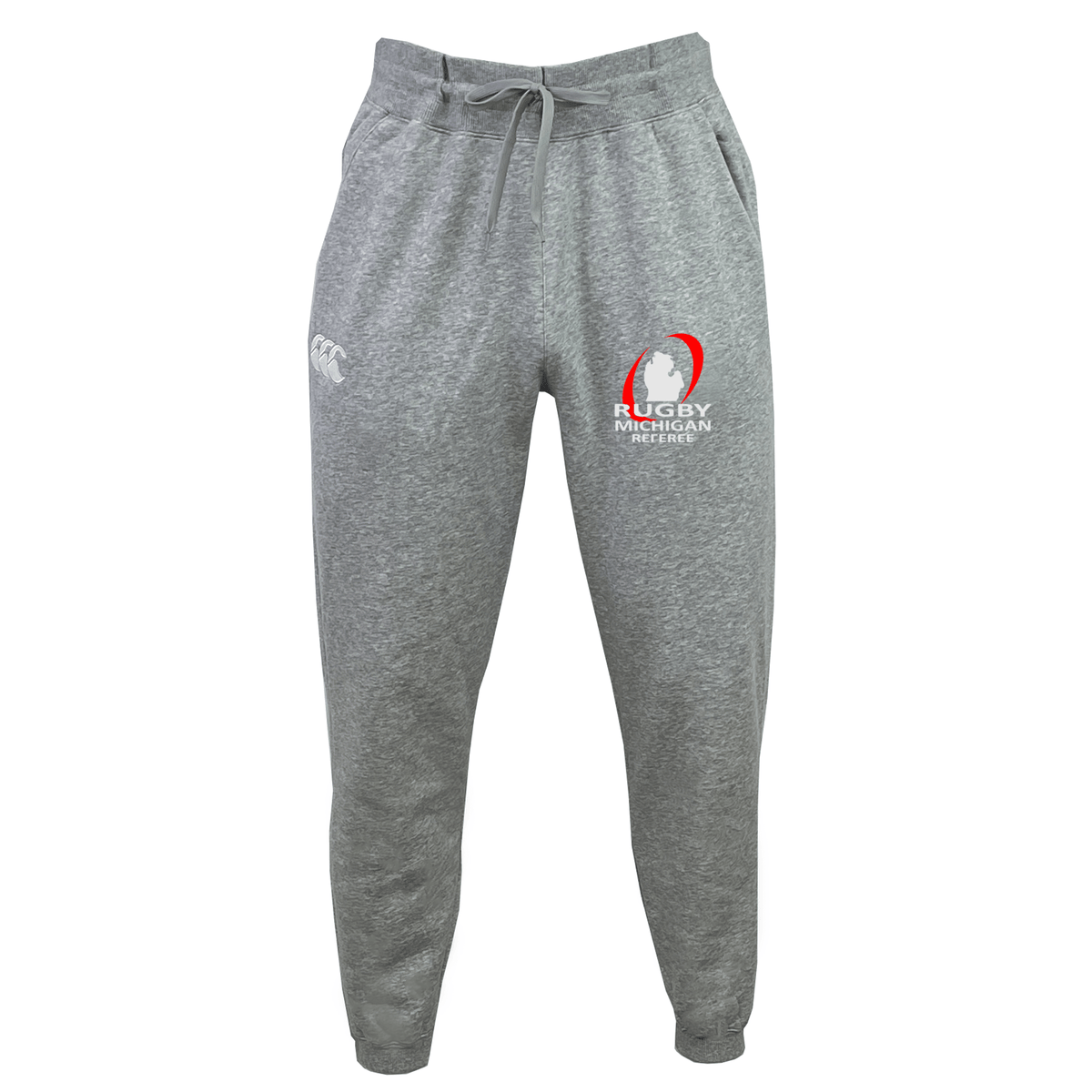 The Rugby Michigan Referee Society Women's Leisure Sweatpants by EMB Canterbury are made from organic cotton and boast a drawstring waist, adorned with the Rugby Michigan logo on the right thigh and a Canterbury logo on the left.