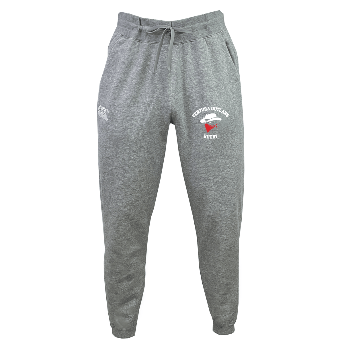Ventura Outlaws Rugby Leisure Sweatpants by EMB Canterbury, crafted from organic cotton, feature a drawstring waist and logo designs on the front.