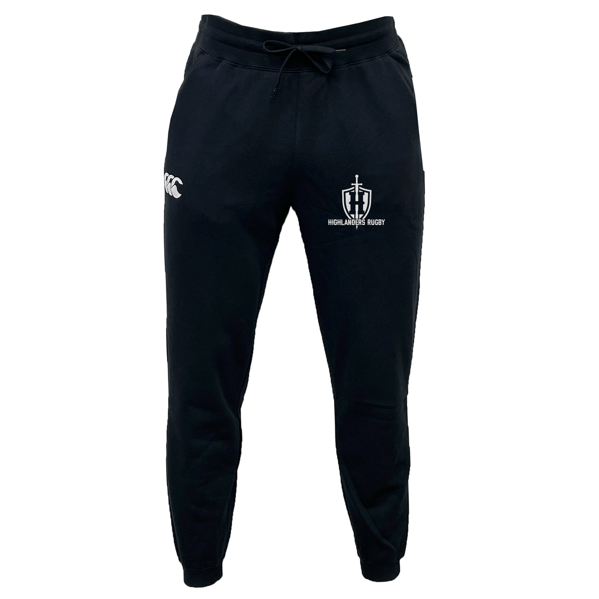 The Highlanders Rugby NC Leisure Sweatpant by EMB Canterbury sports two logos—one on the left thigh and another on the right thigh—and is crafted from recycled polyester fleece, offering a sustainable and cozy wear.