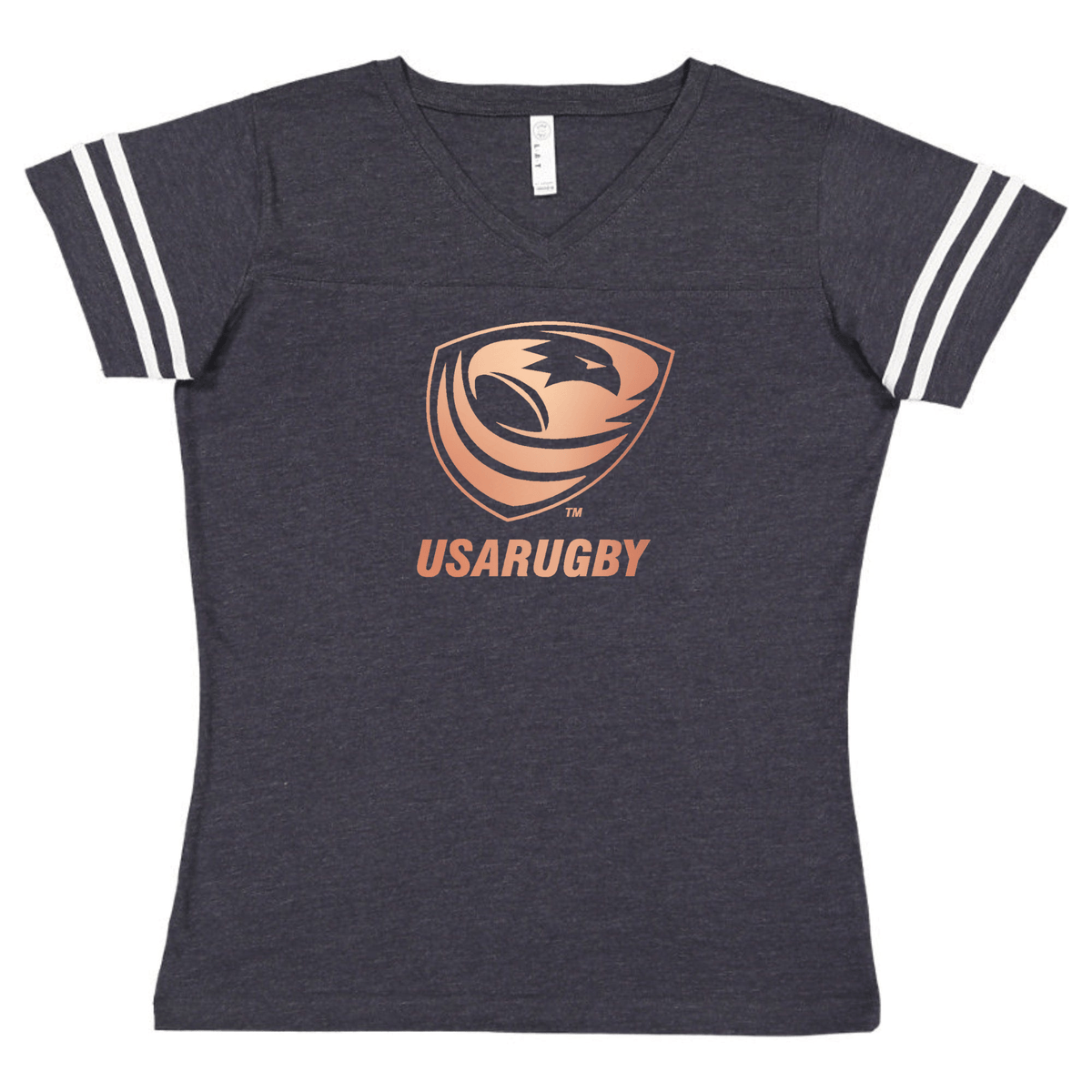 This Women's USA Rugby Bronze V-Neck Football T-Shirt by WRS LAT is a dark gray V-neck featuring the USA Rugby logo in orange on the front, with white stripes on the sleeves.