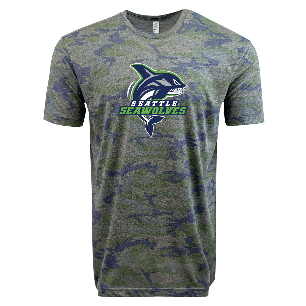 WRS LAT's Seattle Seawolves Camo Edition Supersoft T-Shirt features a stylized shark in blue and green colors.