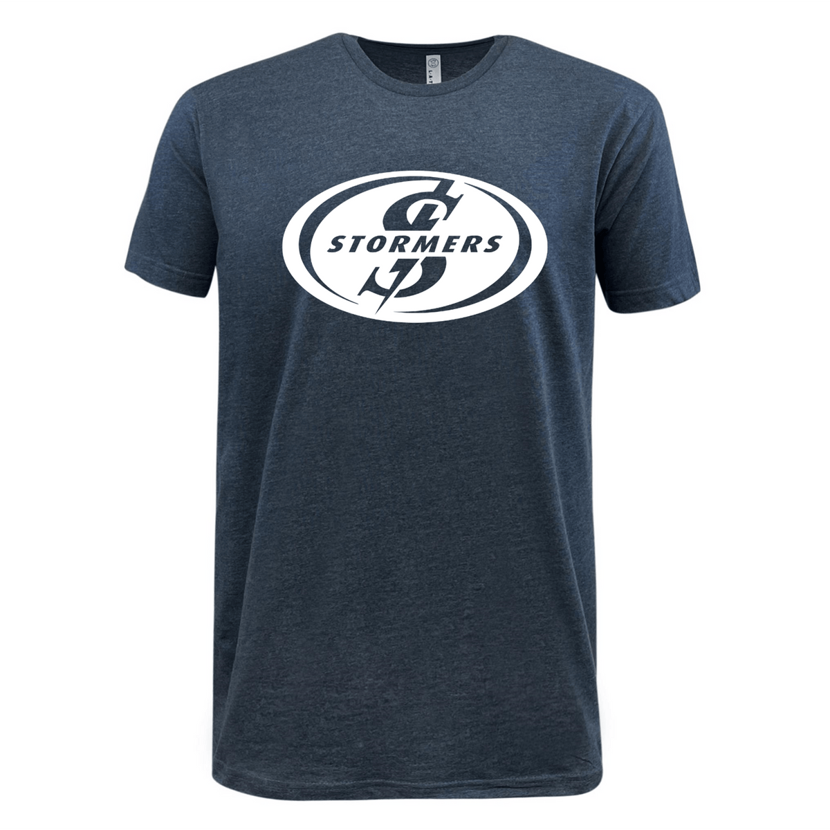 The Stormers Supersoft T-shirt by WRS LAT is a navy blue tee featuring a white oval logo with the word "STORMERS" and a stylized "S" in the center, perfect for rugby fans. This lightweight shirt keeps you comfortable while showing your team pride, making it an ideal choice for South Africa Stormers supporters.