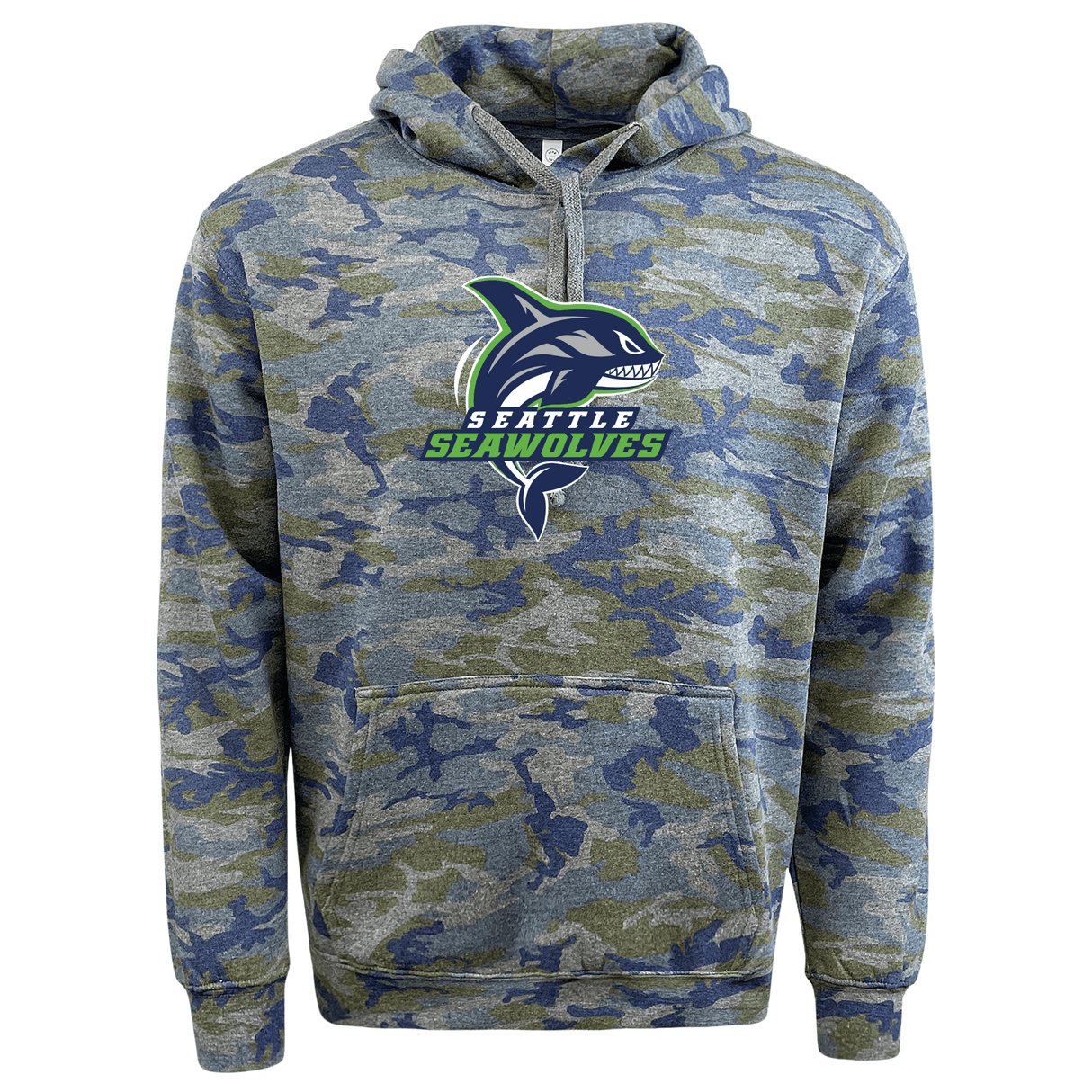 A camouflage-patterned hoodie with a WRS LAT "Seattle Seawolves Camo Edition" logo featuring a stylized shark design on the front.