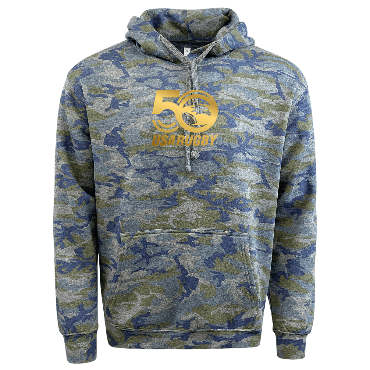 The USA Rugby 50th Anniversary Camo Edition Fleece Hoodie by WRS LAT showcases a gold "50 USA Rugby" logo on the chest, honoring its 50th anniversary.