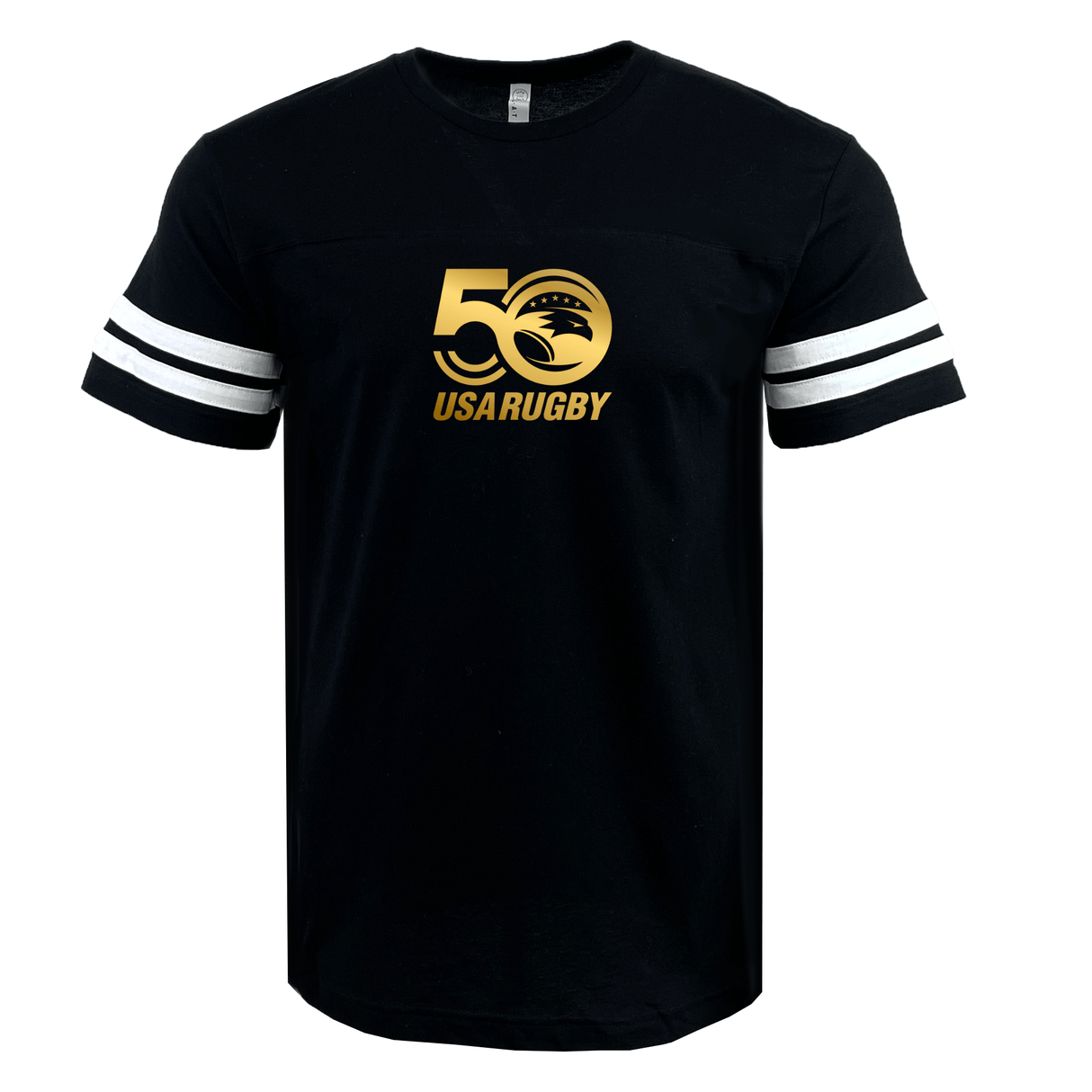 Celebrate in style with the WRS LAT USA Rugby 50th Anniversary Football T-Shirt. This black tee showcases white sleeve stripes and a striking gold "50 USA Rugby" logo, making it perfect for fans and enthusiasts to honor USA Rugby's 50th Anniversary with timeless elegance.