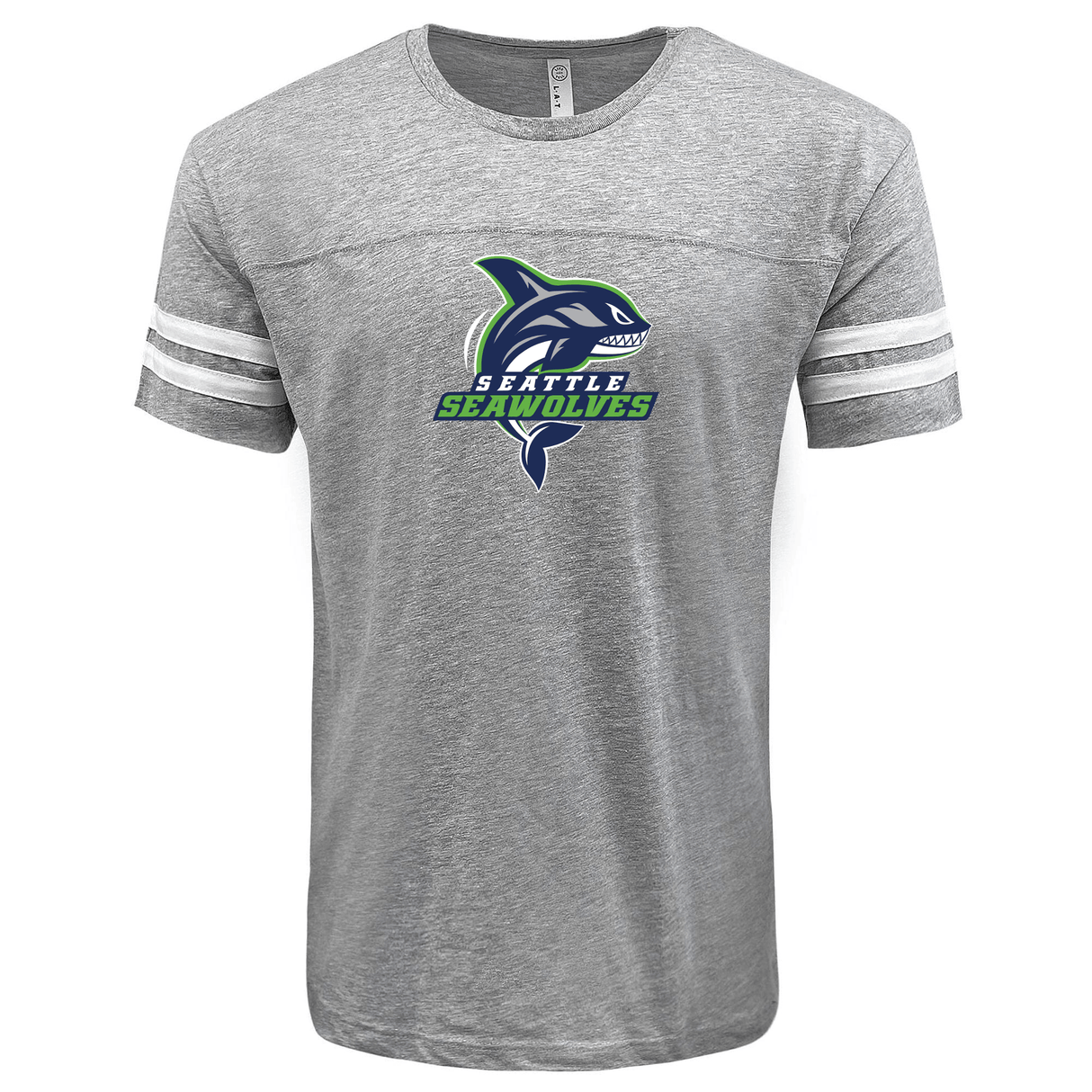 Gray WRS LAT Seattle Seawolves football t-shirt with team logo on the front, featuring a black and teal design and a round neckline.
