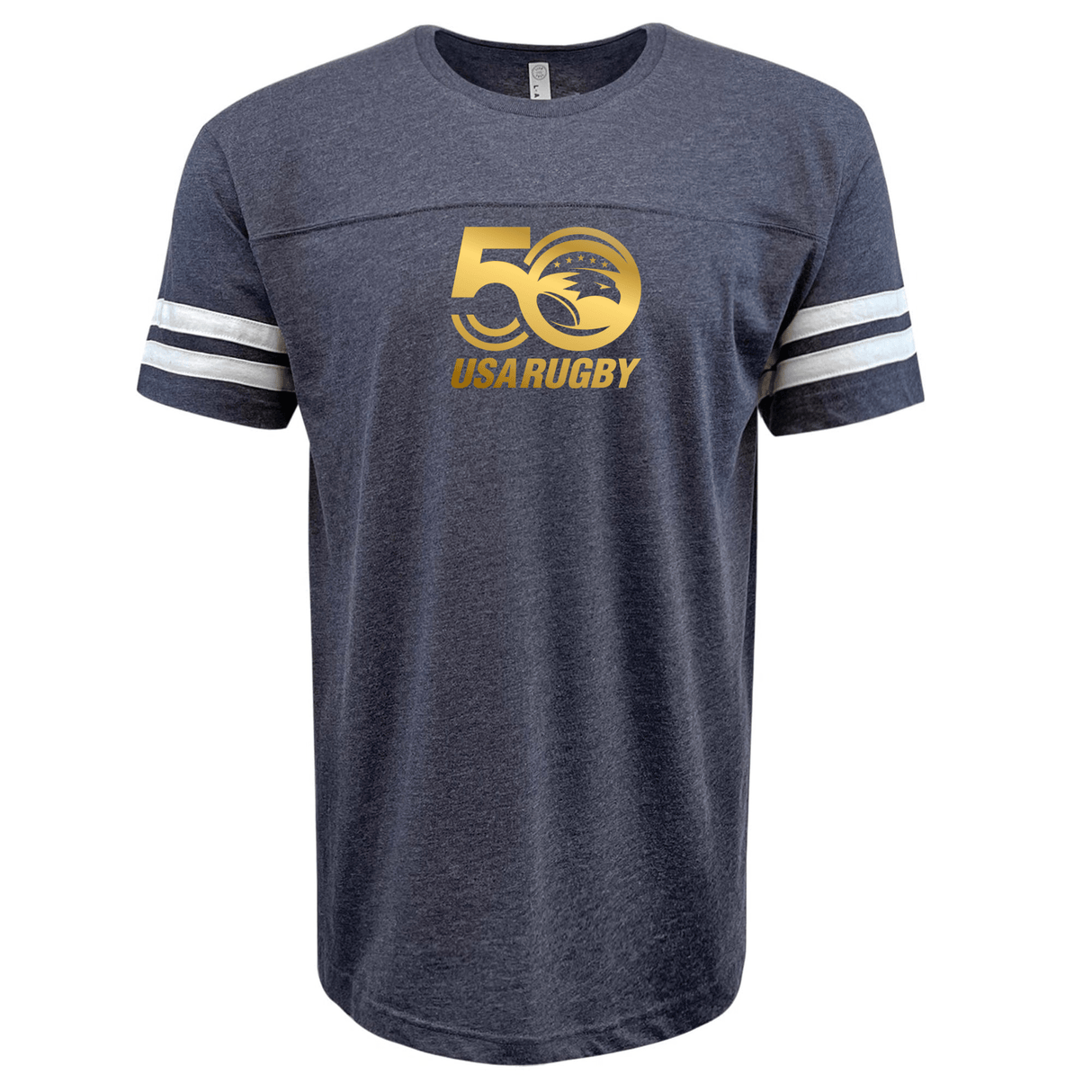 The WRS LAT USA Rugby 50th Anniversary Football T-Shirt features a gray design with white sleeve stripes and a gold "50" on the front. Celebrating excellence, it boldly displays the "USA Rugby" logo to commemorate this milestone anniversary.