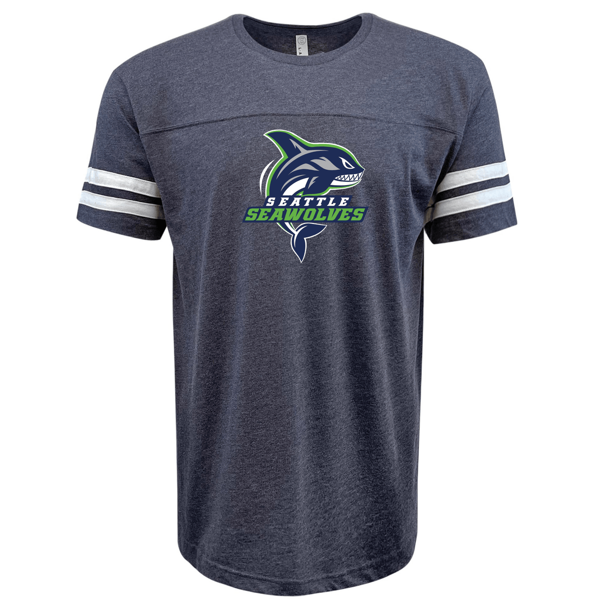 Gray WRS LAT Seattle Seawolves football t-shirt with team logo and white stripe accents on the sleeves.