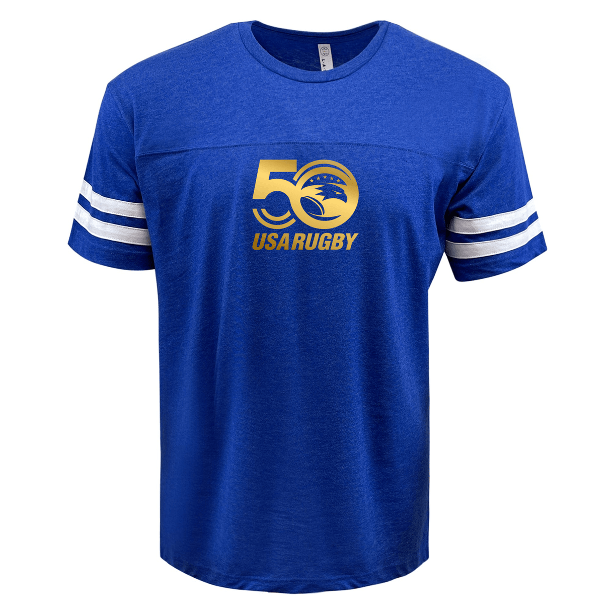 The USA Rugby 50th Anniversary Football T-Shirt by WRS LAT is a blue T-shirt with white striped sleeves, celebrating the milestone with a gold "50 USA Rugby" logo on the front, capturing a classic football style.