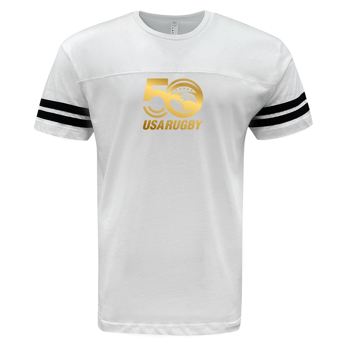 WRS LAT's USA Rugby 50th Anniversary Football T-Shirt features a gold "50 USA Rugby" logo on the front, celebrating the sport's heritage, with black striped sleeves on a white base.