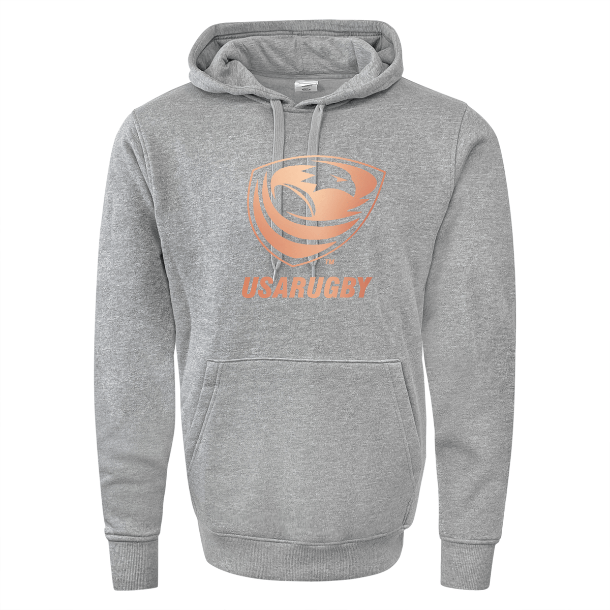 The WRS Augusta USA Rugby Bronze 60/40 Fleece Pullover Hoodie, featuring a front pocket and a large orange USARUGBY logo in the center, is the perfect gray Athletic Fleece Pullover for showcasing your support. It’s an ideal choice for fans celebrating the Women's Bronze Medal victory.