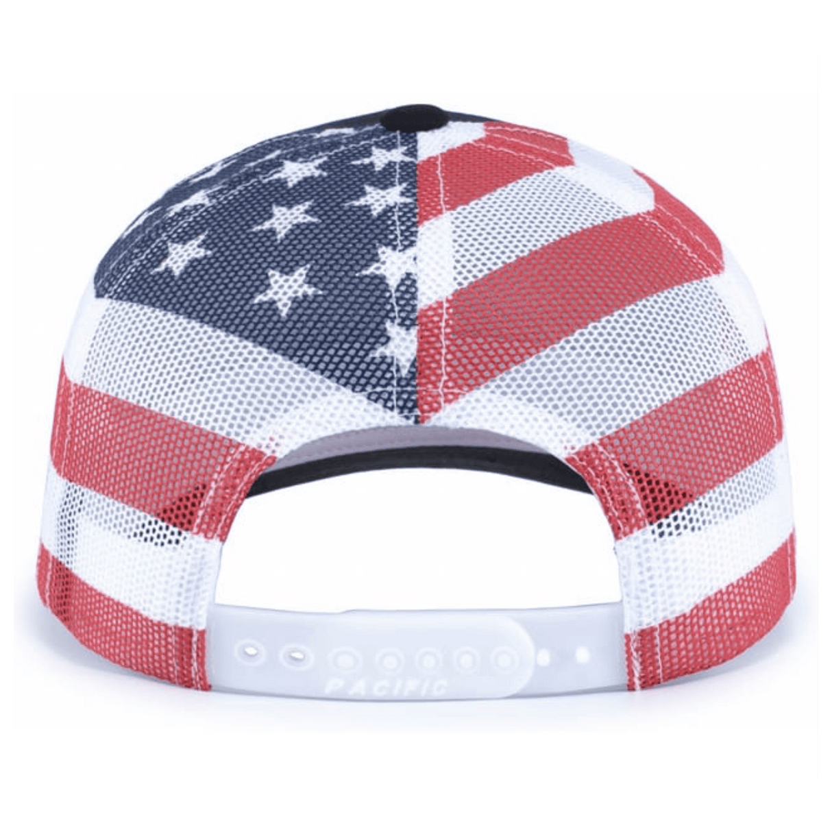 The EMB Augusta USA Rugby Throwback Flag Cap is a patriotic trucker hat with an American flag design and a snapback adjustable white plastic closure, shown from the back.