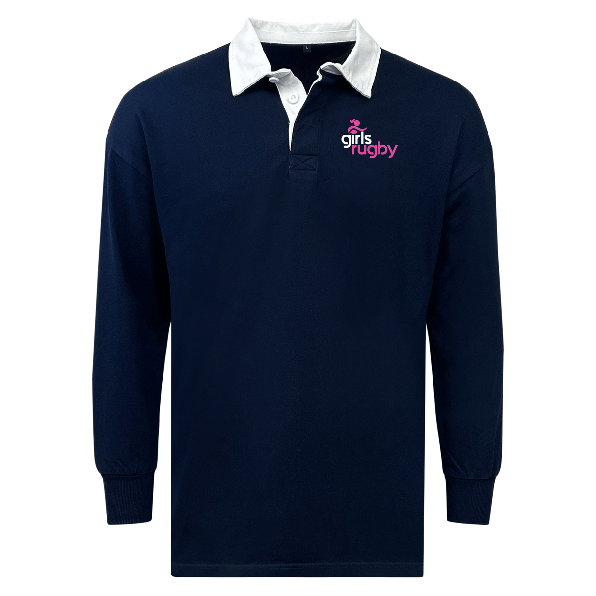 The EMB Mudoo Girls Rugby Classic Long Sleeve Solid Rugby Jersey features a navy blue design, white collar, and a pink and white "girls rugby" chest logo.