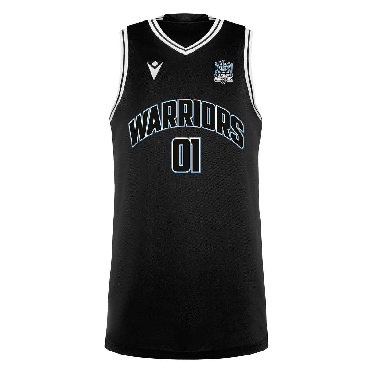 Glasgow Warriors 24/25 Basketball Singlet by Macron in black, adorned with 'Glasgow Warriors' and the number '01' in white and blue. It includes a logo and white trim, embodying the essence of the 24/25 season.