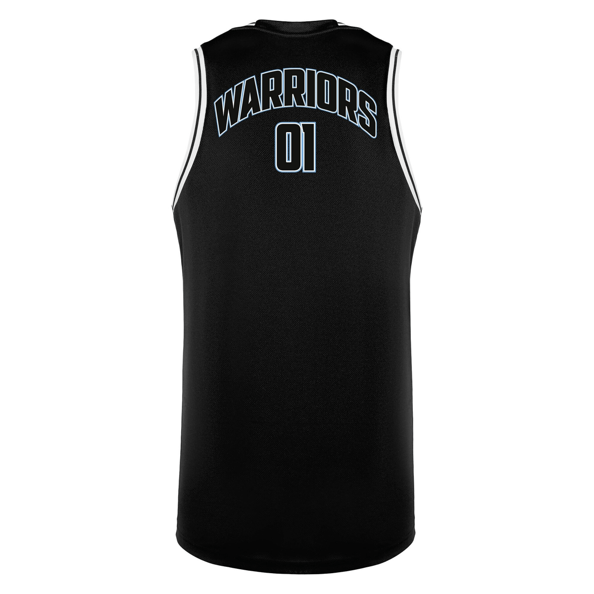 The Glasgow Warriors 24/25 Basketball Singlet by Macron is a black singlet featuring "WARRIORS" and number "01" in blue outlined text on the back, perfect for fans of the team.