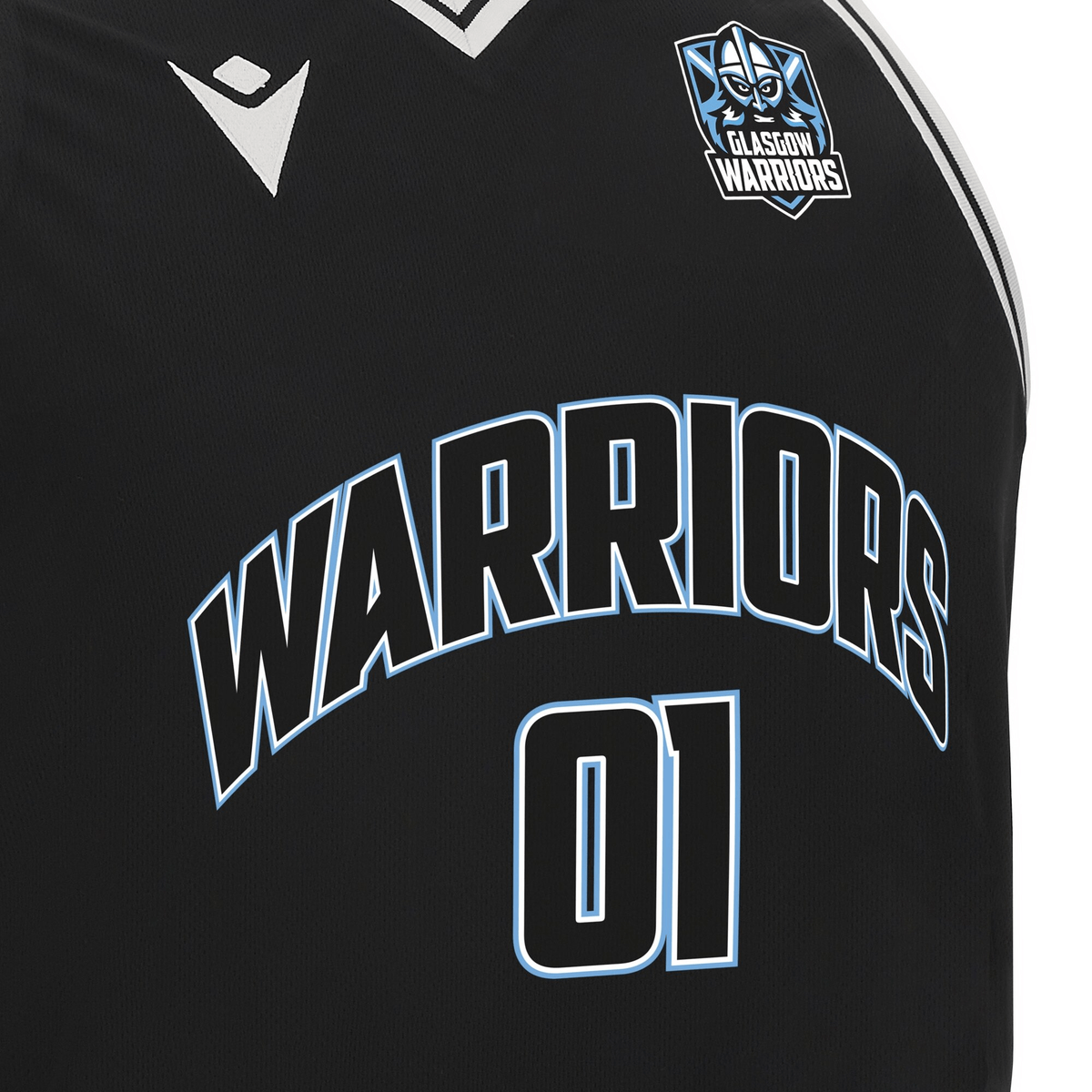 Black Glasgow Warriors 24/25 Basketball Singlet by Macron, featuring "WARRIORS" and "01" in bold letters, proudly showcasing the iconic Glasgow Warriors logo on the chest.