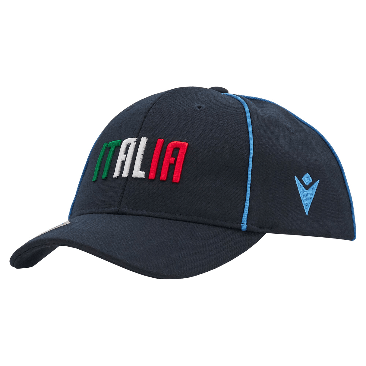 The Italy Curved Visor Cap 24/25 by Macron showcases a navy blue design, adorned with "ITALIA" embroidered in red, white, and green on the front. A white Macron logo is displayed on the side, accompanied by a light blue stripe along the seams. Expertly designed for the 24/25 season.