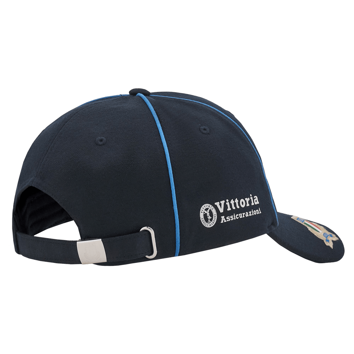 Introducing the Italy Curved Visor Cap 24/25 by Macron, a sophisticated navy blue cap with light blue trim. It features the "Vittoria Assicurazioni" text and logo on the side, and includes an adjustable strap at the back for a comfortable fit.