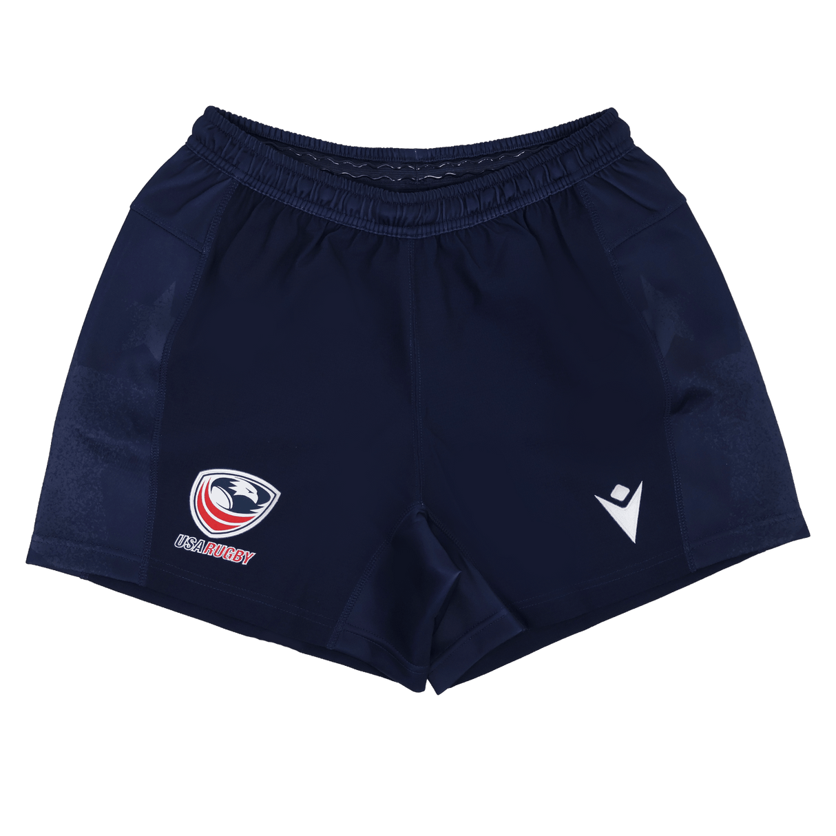 The USA Rugby 24/25 Home Shorts by Macron feature a navy blue design, elastic waistband, stylized eagle head with "USA RUGBY" text, and white arrowhead—rugby performance shorts built for comfort in every match.