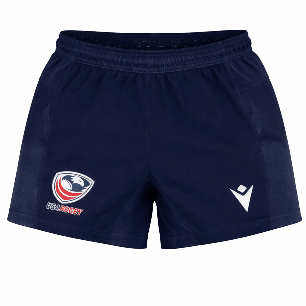The USA Rugby 24/25 Home Shorts by Macron are navy blue rugby performance shorts with the team logo on the left leg and Macron branding on the right, designed for moisture-wicking comfort and durability.