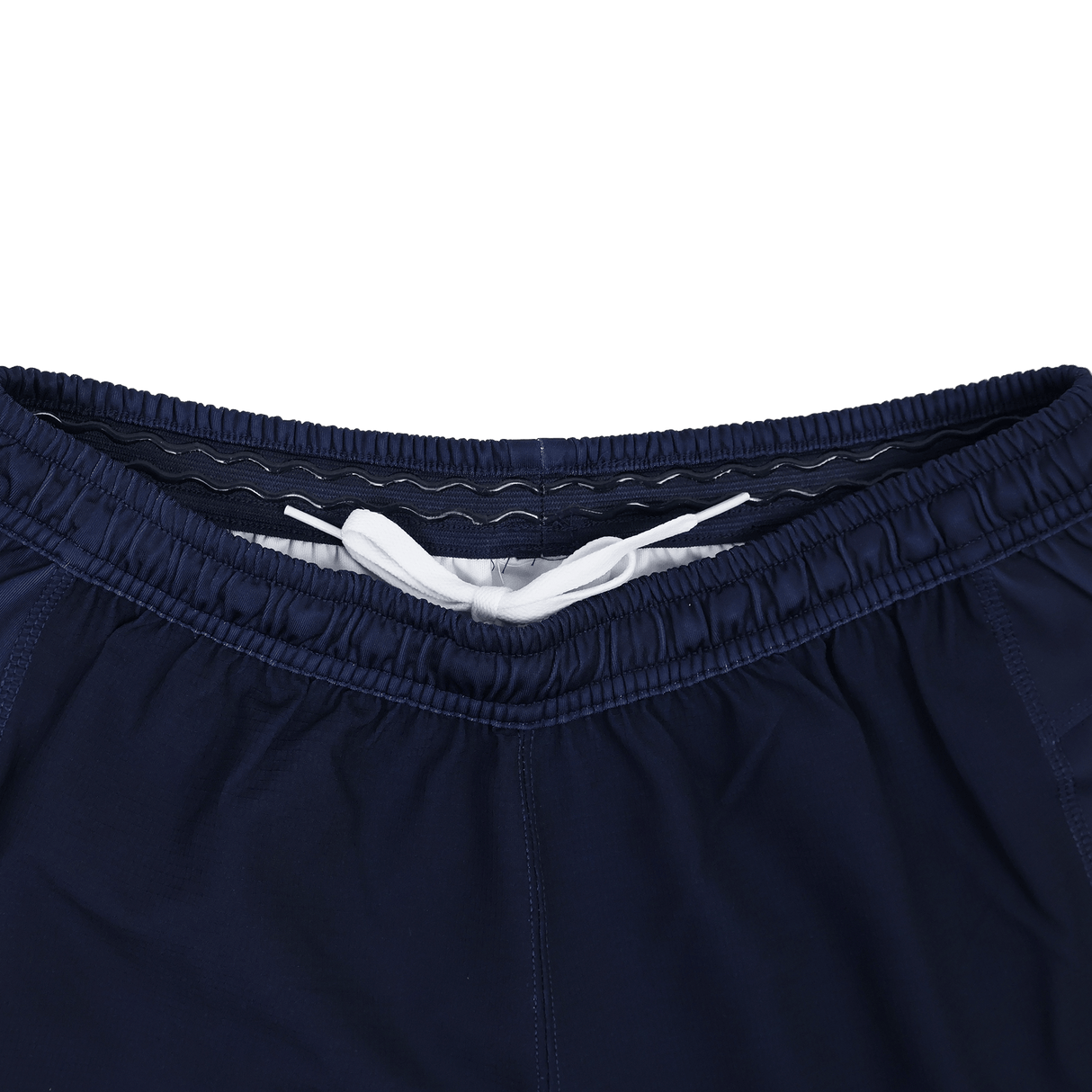 Close-up of the waistband on USA Rugby 24/25 Home Shorts by Macron in navy blue, featuring moisture-wicking fabric and a visible white drawstring.