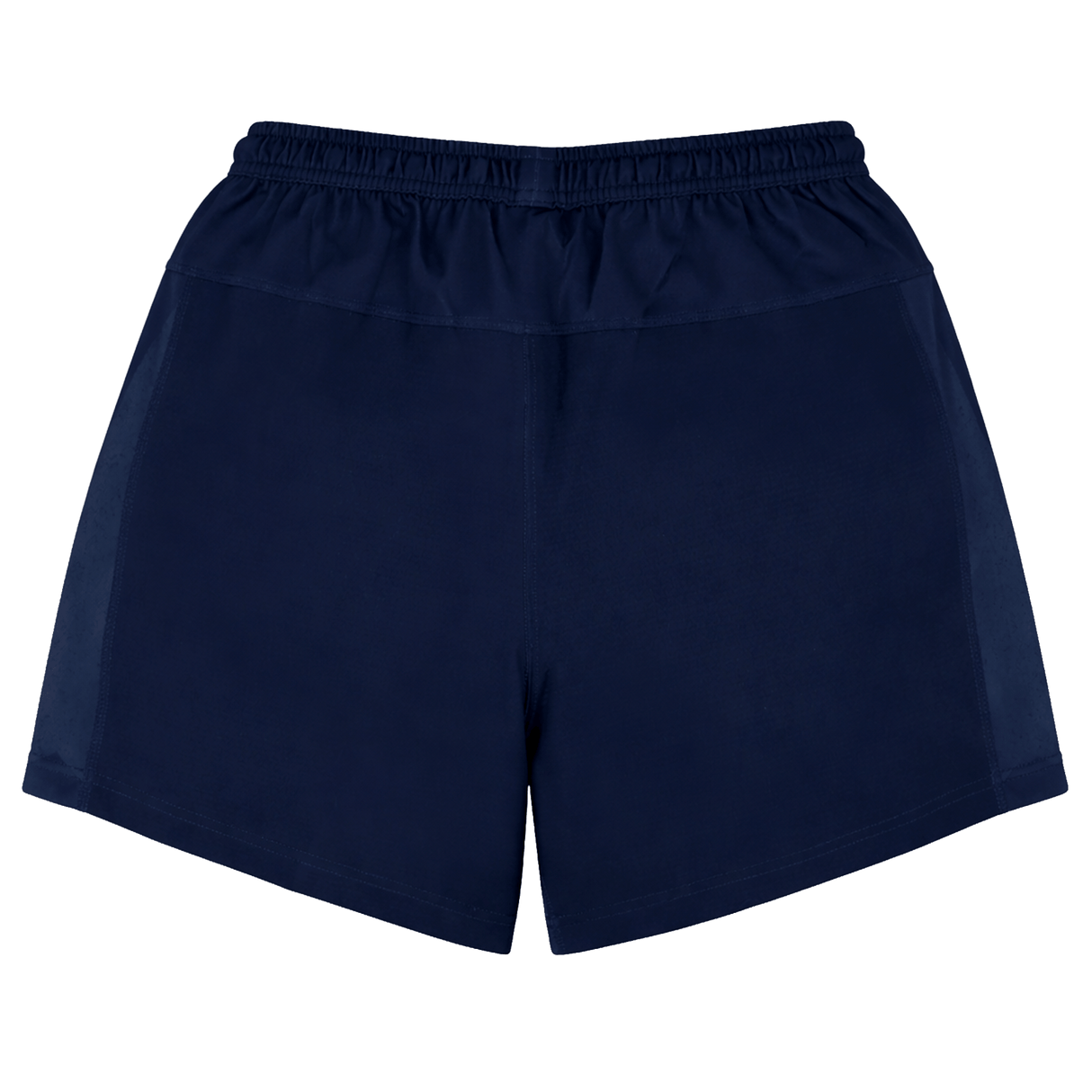 USA Rugby 24/25 Home Shorts by Macron in navy blue, featuring an elastic waistband, are displayed flat on a white background with the back side facing up.